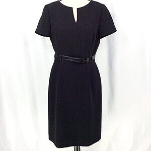 Tahari Arthur Levine Belted Sheath Dress Womens Size 8 Black Short Sleeve V-Neck